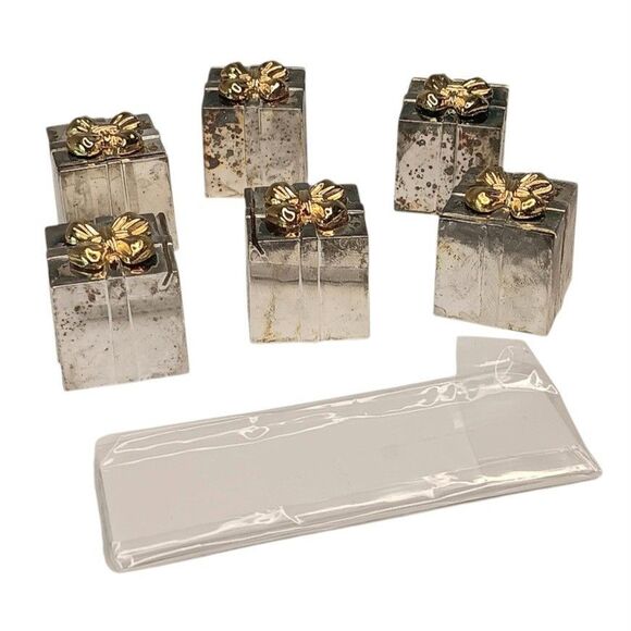 Vintage Silver & Gold Tone Place Card Holders Box Present With Bow Godinger Six - Picture 2 of 9